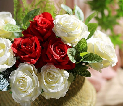 DuHouse 10pcs Fake Roses Artificial Silk Flowers Faux Rose Flower Long Stems Bouquet for Arrangement Wedding Centerpiece Party Home Kitchen Decor(Red)