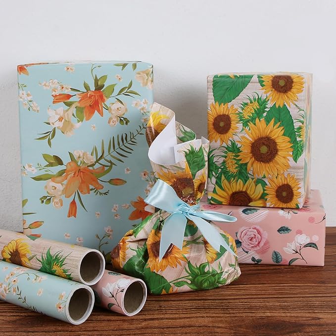 Aimyoo Sunflower Floral Wrapping Paper Jumbo Roll 17 in x 60 ft, Yellow Flower Gift Wrap for Wedding Bridal Shower Women Birthday