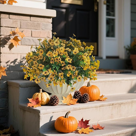 Artificial Fall Flowers Faux Mums for Outdoor Indoor Garden Home Decoration, Faux Flower Daisy with Eucalyptus Leaves Fake Mums Plants Greenery Boxwood Porch Patio, 12 Bundles