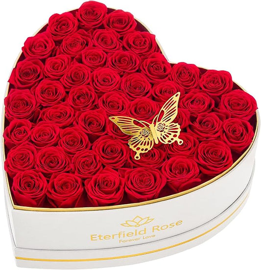 Eterfield 47 Forever Flowers in Heart Shape Box, Preserved Roses That Last a Year Preserved Flowers Birthday Gifts for Her Mom Women Wife Anniversary Valentines Day Mothers Day Christmas, Red