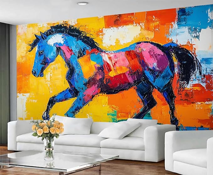 Abstract Horse Wall Mural, Colorful Horse Art 3D Wall Murals, Bold Abstract Animal Wallpaper Mural, for Living Room Bedroom Large Wallpaper Indoor Decor 169.3" W x118.2 H