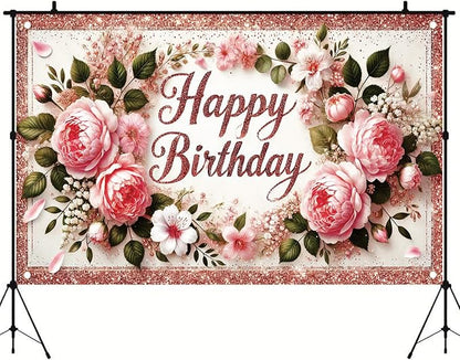 Happy Birthday Backdrop Rose Gold Glitter Peony Floral Banner Birthday Party Decorations Photography Background for Women Girls Wedding Baby Shower Decor Photo Booth Supplies 6x4ft