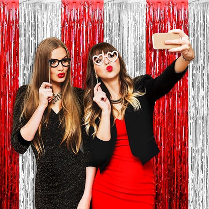 4 Pack Foil Fringe Curtain Backdrop, 3.28Ft x 8.2Ft Metallic Tinsel Foil Fringe Streamers Curtains for Photo Booth, Wedding, Circus Welcome Carnival Birthday Party Decoration Silver Red