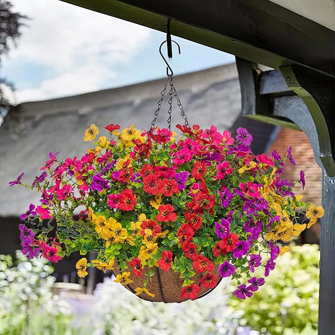 Artificial Mums for Outdoors Planters Fake Mum Realistic Flowers with Basket Faux Plants for Decoration Hanging Planters Indoor Outside Garden Porch Window Box Home Wedding Farmhouse