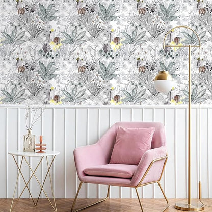 Wudnaye Gray Floral Peel and Stick Wallpaper Vintage Contact Paper 17.7 inch × 118.1 inch Self Adhesive Removable Wall Paper Stick and Peel Waterproof Botanical Wallpaper for Bathroom