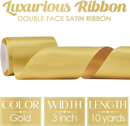 MEEDEE Gold Satin 3 Inch Ribbon Lux Double Faced Satin Ribbon Christmas by 10 Yards Tree Ribbons Wide Gold Ribbons for Christmas Tree Decoration, Weddings, Flower Bouquet