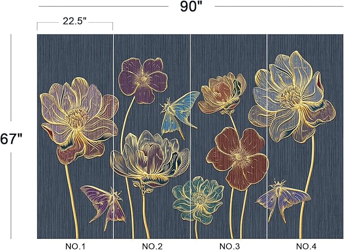 Eierme-Gold Embossed Plants and Flowers Mural Wallpaper Peel and Stick 90" x 67"