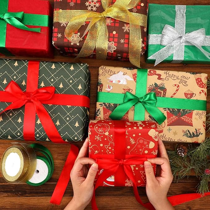 DECYOOL 4 Rolls 100 Yards Christmas Ribbons 1Inch Wide Holiday Satin Ribbons for Gift Wrapping and DIY Craft, Red & Green