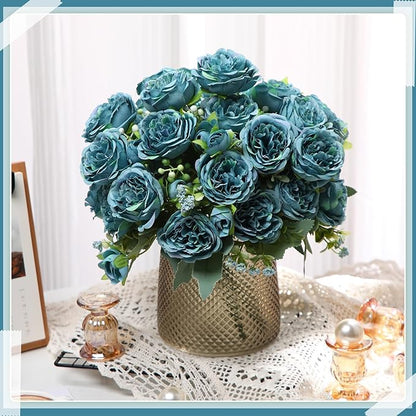 Geosar 16 Bundles Artificial Peonies Flowers Fake Silk Peony Bouquet Faux Peonies Flowers Bulk for Decoration Vase Floral Arrangements Wedding Party Table (Teal)