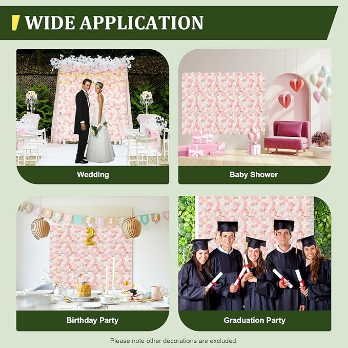 12 Pcs Artificial Flower Wall Panels, 24"x16" 3D Pink Silk Dahlia Hydrangea Rose Flowers Wall Backdrop Artificial Silk Fabric Flower Banquet Wedding Party Decor for Stage Background (Type 1)