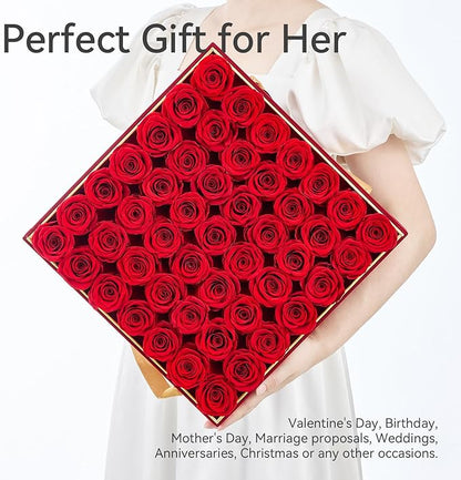 Preserved Roses in a Box 49-Piece Forever Flowers Gifts for Women Wife Mother Day Christmas Anniversary (Red Roses, Square Burgundy Suede Box)