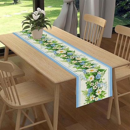 Wild Flower Table Runner, Vintage Seasonal Spring Daisy Flower Rustic Blue Farmhouse Table Center Decor for Family Kitchen Farmhouse Holiday Party Table Decorations Indoor Outdoor 13x90 inch