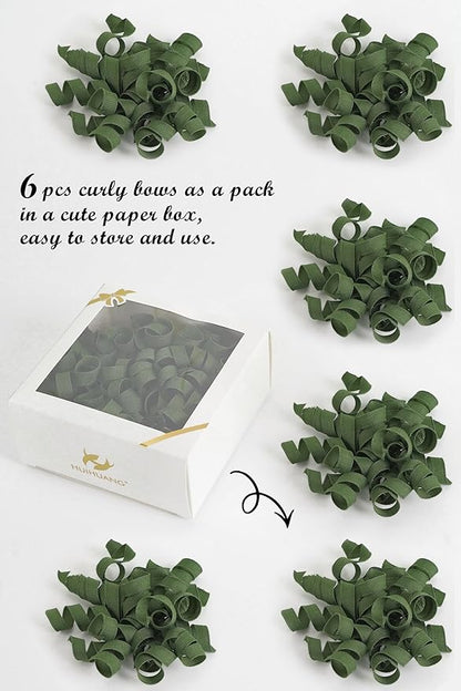 HUIHUANG Moss Green Bows for Gift Wrapping, Green Curly Ribbon Bows Self Adhesive Burst Gift Bow for Presents, Wine Bottle, Treat Bags, Wrap Accessories, Christmas, Wedding Party Favor - 6 Counts