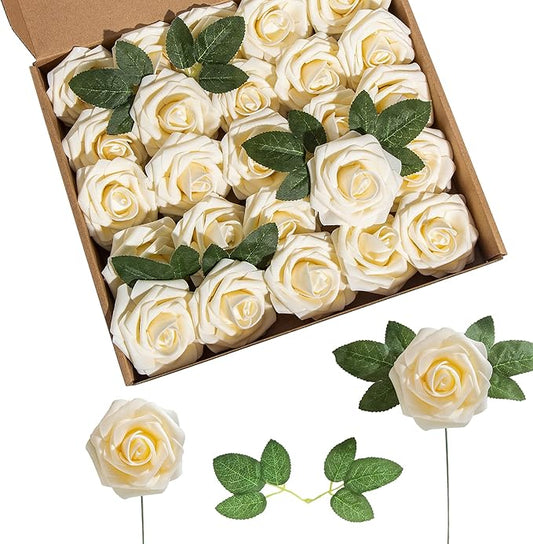 Artificial Flower Foam Rose 25pcs Real Looking Fake Rose with Stems Leaves for Home Decoration Party Garden Centerpieces DIY Wedding Bouquets（Champagne）