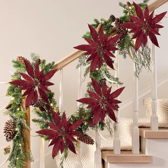 Artificial Flowers 12‘’ Christmas Decoration 4 Pcs Lifeslike Floral Arrangements for Holiday Home Decor Vibrant Colorful Faux Flowers Perfect for Festive Celebrations and Seasonal Decor(Red-1)