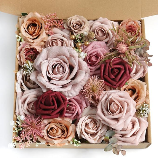 ASTRYAS 39PCS Dusty Rose Artificial Flowers Combo Box Set Fake Roses Flowers Burgundy Brown Faux Flower with Stem for DIY Wedding Bridal Bouquet Table Centerpieces Floral Arrangement Home Decor