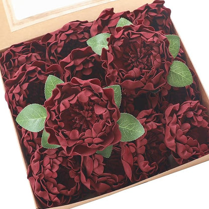 Floroom Artificial Flowers 16pcs 4" Burgundy Blooming Peonies Real Looking Foam Fake Peony with Stems for DIY Wedding Bouquets Dark Red Bridal Shower Centerpieces Floral Arrangements Tables Decoration