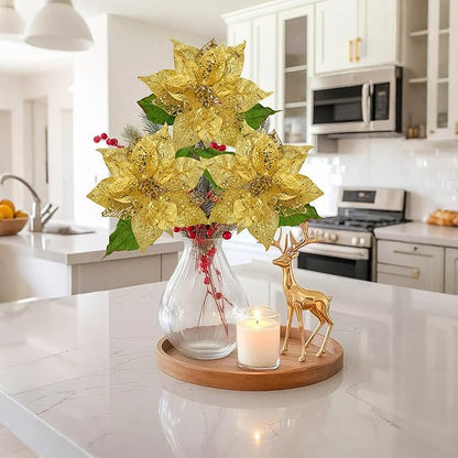 10" Poinsettia Flower Artificial for Christmas Tree Decor, 3 Pcs Faux Glitter Poinsettias Stems for DIY Xmas Wreath & Garland, Christmas Ornaments for Home Party, Holiday & New Year Decorations, Gold