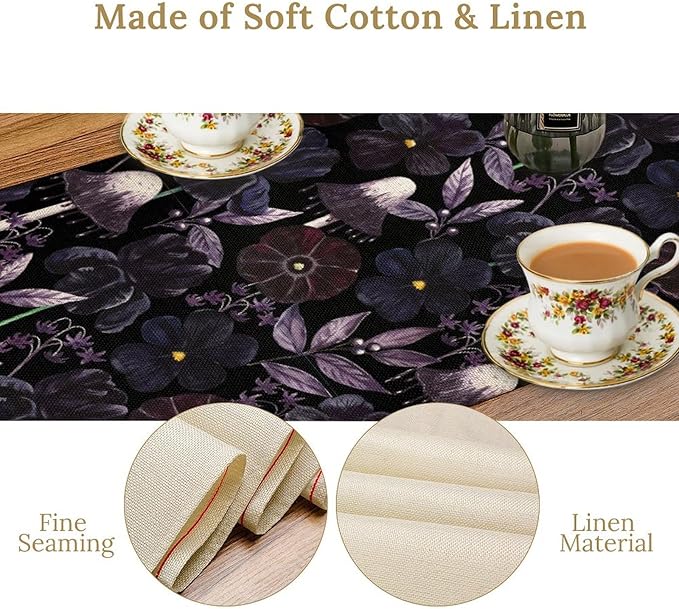 Gothic Floral Table Runner, Watercolor Black Purple Flowers Victorian Luxury Vintage Leaves Plant Table Runner for Home Kitchen Dining Decor Indoor Outdoor Party, 13x120inch