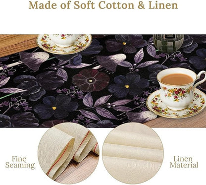 Gothic Floral Table Runner, Watercolor Black Purple Flowers Victorian Luxury Vintage Leaves Plant Table Runner for Home Kitchen Dining Decor Indoor Outdoor Party, 13x36inch