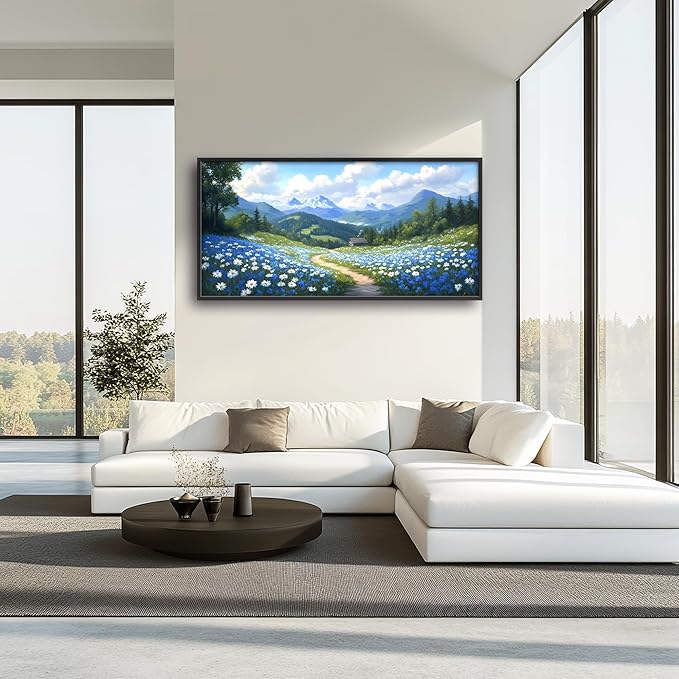 Mountain Large Wall Art Framed Wall Decor for Living Room Countryside Wildflowers Pictures Oversized Canvas Print Painting Modern Extra Large Framed Artwork for Bedroom Office 60"x30"