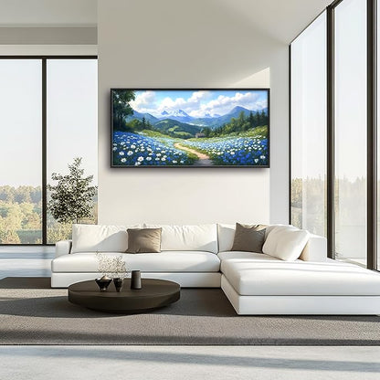 Mountain Large Wall Art Framed Wall Decor for Living Room Countryside Wildflowers Pictures Oversized Canvas Print Painting Modern Extra Large Framed Artwork for Bedroom Office 60"x30"