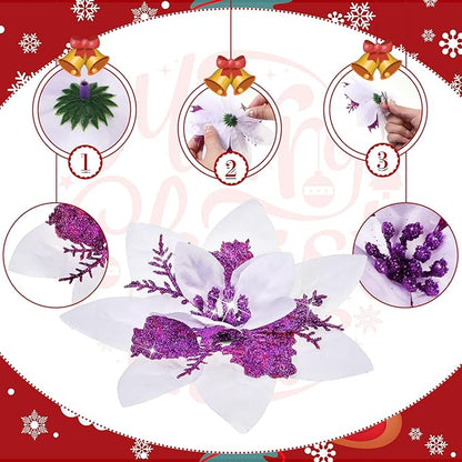 Geosar 24 Christmas Glitter Artificial Poinsettia Flowers Xmas Poinsettia Artificial Wedding Flowers Decorations Xmas Tree Ornaments with Clips for Party Favors, 6 Inch, 4 Inch, 3 Inch (White Purple)