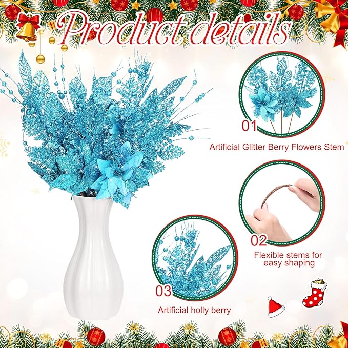 18 Pack 3 Styles 17 Inch Christmas Glitter Poinsettia Berry Stems Ornaments Artificial Floral Branches Picks for Christmas Tree Home Vase Holiday Party Decor(Lake Blue)