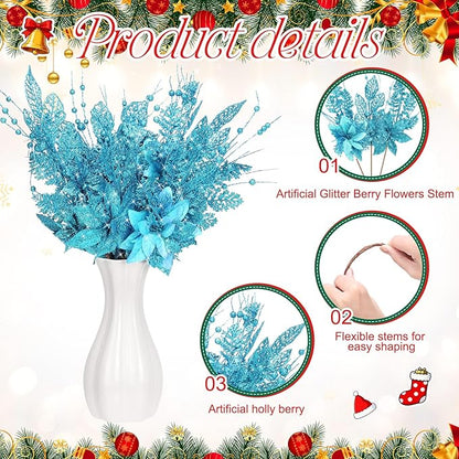18 Pack 3 Styles 17 Inch Christmas Glitter Poinsettia Berry Stems Ornaments Artificial Floral Branches Picks for Christmas Tree Home Vase Holiday Party Decor(Lake Blue)