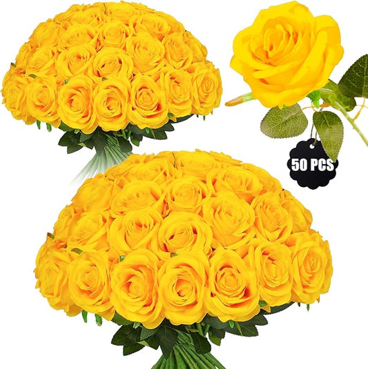50PCS Artificial Silk Roses in Bulk & Bouquet Long Stem – Realistic Fake Roses for Wedding Centerpieces, Home Decor, Floral Arrangements, Party Decoration (Yellow)