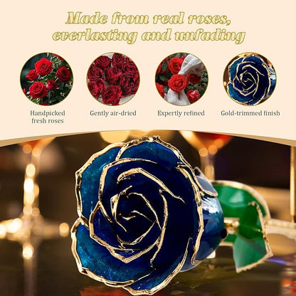 Mikasol Real 24K Gold Dipped Realistic Rose – Timeless Lifelike Bloom with Heart Puzzle Base – Romantic Blue Flower Gift for Her, Wife, Girlfriend, Mom – Birthday, Anniversary, Mother’s Day (Blue)