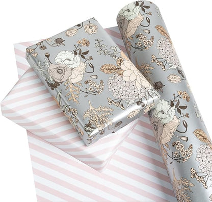 WRAPAHOLIC Jumbo Reversible Floral Wrapping Paper - 24 Inch X 100 Feet Jumbo Roll Pearlized Vintage Floral Design, Perfect for Wedding, Birthday, Mother's Day