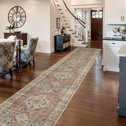 Lahome Oriental Kitchen Runners for Hallways, 2.5x12 Washable Runner Rug Non Slip, Soft Hallway Rug Distressed Ultra-Thin Long Carpet for Bathroom Entryway ‎Bedroom, Peach/Orange