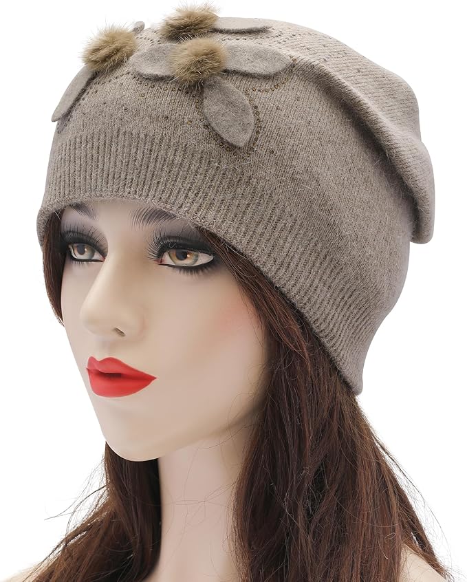 ZLYC Women Floral Slouchy Beanie Hat Double Layer Winter Knit Skull Cap