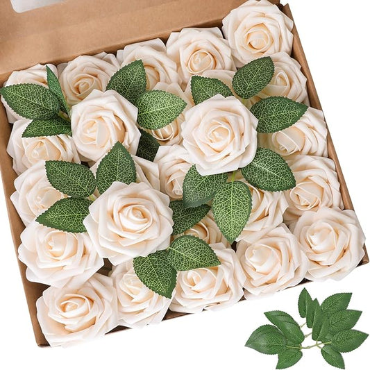 AmyHomie Artificial Flowers Champagne Rose 50pcs Real Looking Fake Roses w/Stem for DIY Wedding Bouquets Centerpieces Arrangements Party Baby Shower Valentines Day Christmas Tree Decorations