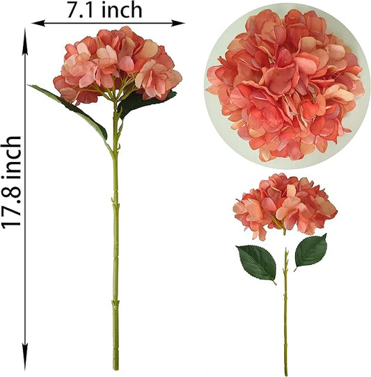 Coral Hydrangea Artificial Flowers,6 Pcs Faux Hydrangea Flowers,Artificial Hydrangeas Flowers with Stems,Fake Hydrangeas, Silk Flowers Color with Stems for Home Decor (6, Coral)