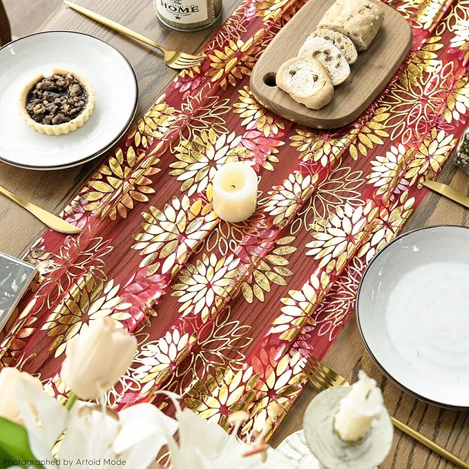 Artoid Mode Red Gold Dahlia Flower Gauze Table Runner 120 Inch 10FT, Glitter Metallic Foil Seasonal Sheer Dining Holiday Table Decor for Home Party