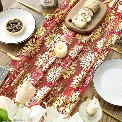 Artoid Mode Red Gold Dahlia Flower Gauze Table Runner 120 Inch 10FT, Glitter Metallic Foil Seasonal Sheer Dining Holiday Table Decor for Home Party