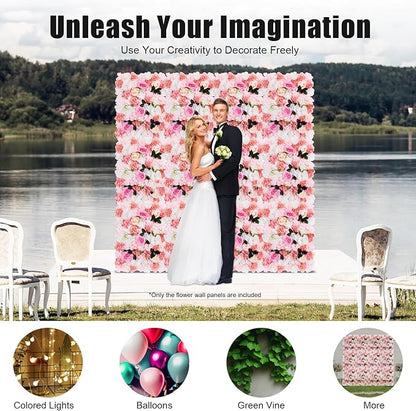 LOYALHEARTDY 12 Pack Artificial Flower Wall Panels 24" x 16" White & Pink Faux Roses Artificial Flower Backdrop Panels for Wedding Party Event Flower Wall Decor