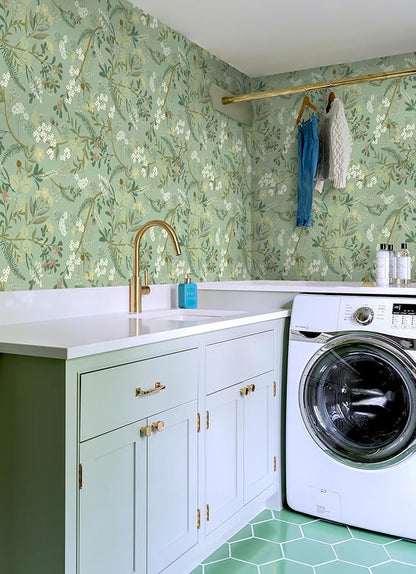 Guvana Floral Peel and Stick Wallpaper Leaf Contact Paper Self Adhesive Wallpaper Colorful Flower Contact Paper for Bedroom Livingroom Decor16.14 x78.7(Light Green Background)