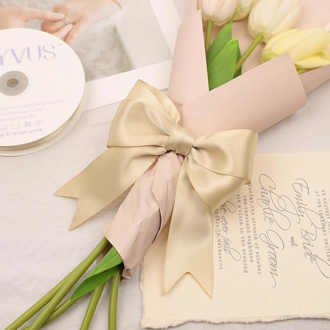 Beige Satin Ribbon, Double Faced 1-1/2 Inch X 50 Yards Beige Ribbon, Premium Satin Ribbon for Gift Wrapping, Crafts, Hair Bow Making, Sewing, Flower Bouquet, Wedding Party Decor