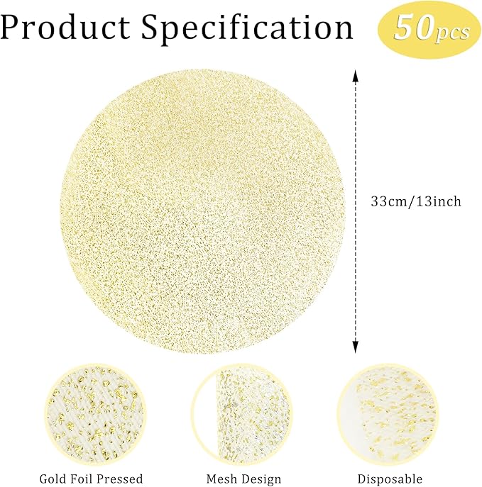 Hysenm 50 Pcs Disposable Gold Placemats Set Metallic 13 Inch Round Foil Mesh Pressed Table Doilies, Ultra-Thin Disposable Placement Mats for Home Decoration Dining Table Wedding Birthday Party