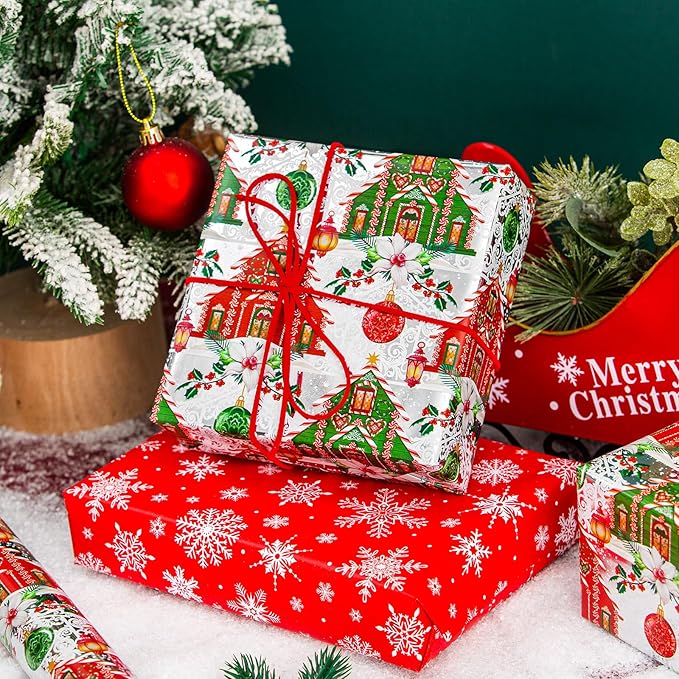 Yarcony Reversible Christmas Wrapping Paper, Vintage Christmas Ornament Gift Wrapping Paper, Classic Watercolor Retro House and Snowflakes Pattern for Holiday, Party(Mini Roll, 17Inch x 33Feet)