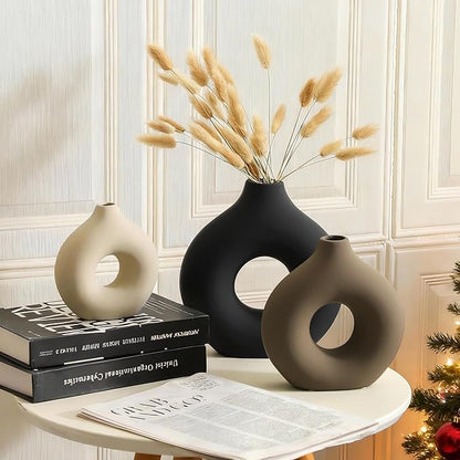 Ceramic Vase Home Table Decor - Flower Vases Set of 3 Small Living Room Centerpiece Decorations for Shelf Bedroom Office Kitchen Dining Desk Modern Aesthetic Farmhouse Decorative (Classic)