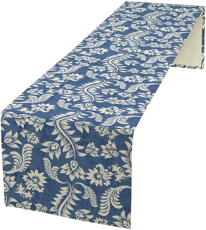 Vintage Floral Table Runner, Rustic Blue White Paisley Flower Boho Farmhouse Decor Table Runner for Kitchen Dining Home Party Decor, 13x90 Inch