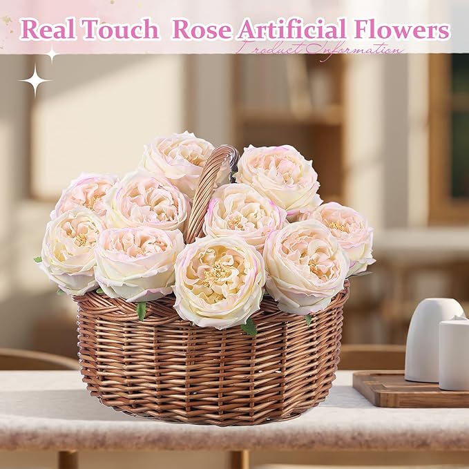 10pcs Real Touch Peonies Artificial Flowers, Faux Austin Rose with Long Stem Look Real Fake Flower for Christmas Valentines Arrangement Wedding Party Home Kitchen Decor(Flesh Pink)