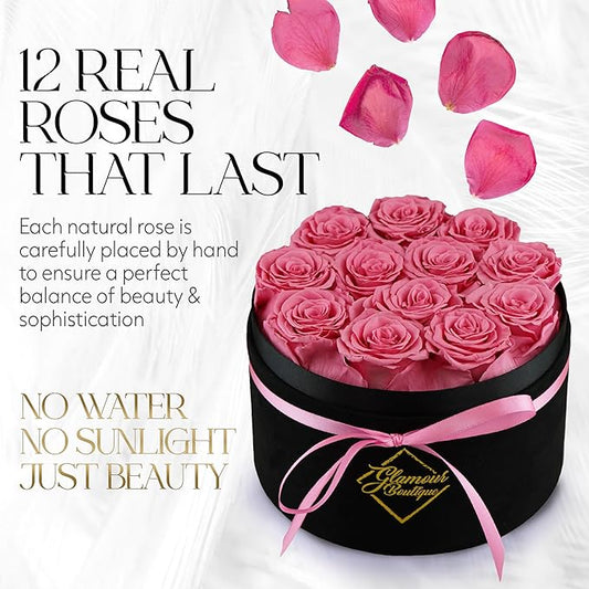 GLAMOUR BOUTIQUE Flowers Forever Gift Box 12 Real Preserved Roses in a Velvet Black Box, Birthday for Her Mom and Wife, Mothers Day, Anniversary, Graduation - Pink
