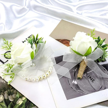 SITUMEIZI Ivory Rose Wrist Corsage and Boutonniere Set Corsage Wristlet Band Bracelet for Prom Decor Boutonniere for Men Wedding White Flowers Accessories Party Suit Decoration