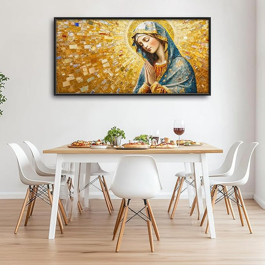 Extra Large Virgin Mary Framed Wall Art for Living Room,Oversized Golden Christian Religious Pictures Wall Decor,Canvas Print Painting Modern Artwork Bedroom Office Bathroom 60L x 30W