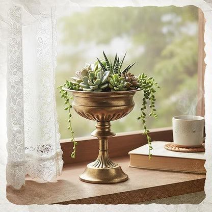 WORTH Small Urn Vases for Centerpieces Set of 2, Classic Metal Trumpet Flower Pots for Table, Bowl Vase for Wedding Party Event Home Deco (Golden, 7.8" Dia x 8.8" H)